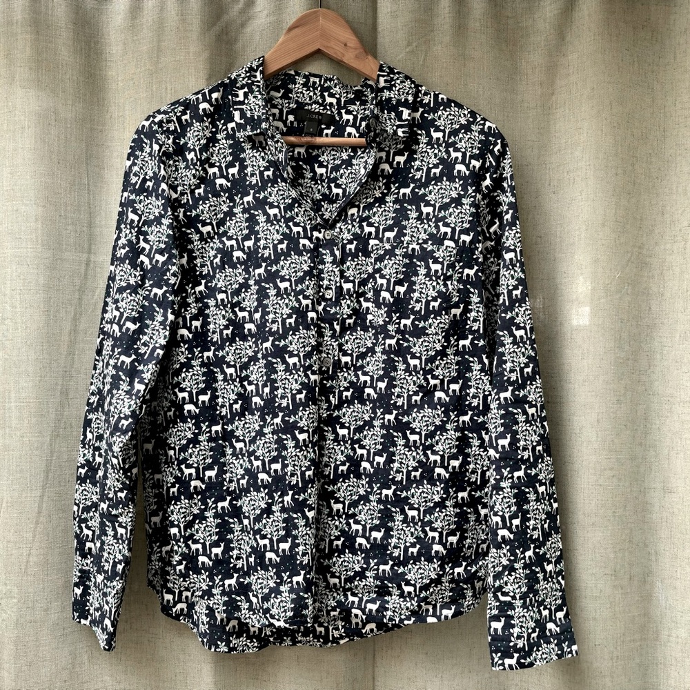 J.Crew Cotton Navy Deer Print Shirt | Size 8